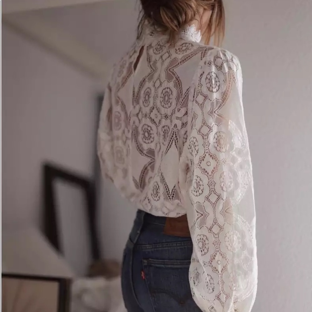 Long Sleeve High Neck Lace Blouse White Boho Chic - Picture 2 of 16